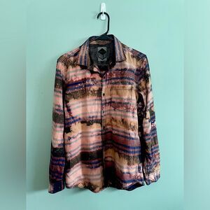 Upcycled Splatter Bleached Orange Navy Plaid Oversized Flannel Mens M